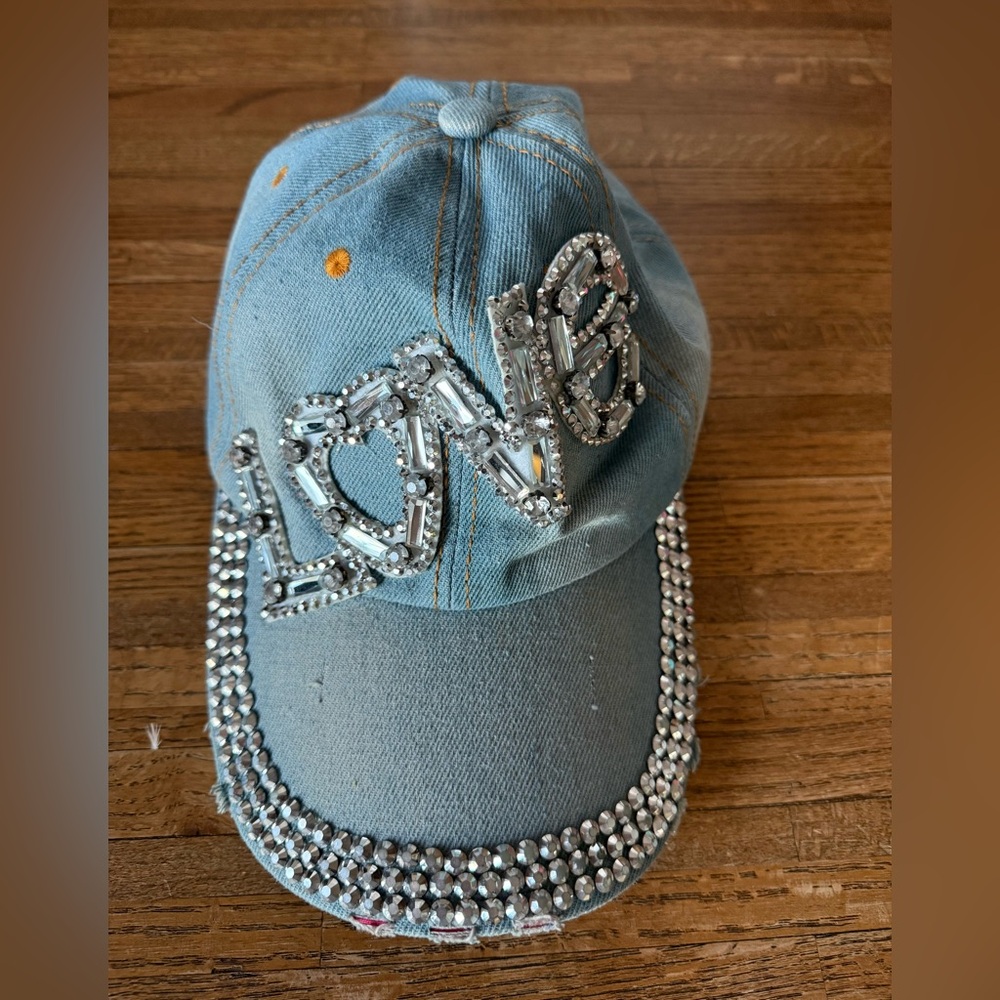 Denim Jeweled Baseball Cap LOVE